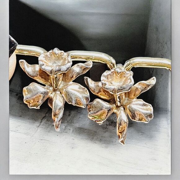 Vtg Jack In The Pulpit Screw Earrings Matching Brooch Set Gold Tone Iris Bundle - Picture 7 of 14